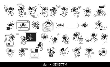 Set di illustrazioni con una simpatica intelligenza artificiale in varie attività, in bianco e nero, impegnato in attività tecnologiche, design divertente, digitale Illustrazione Vettoriale