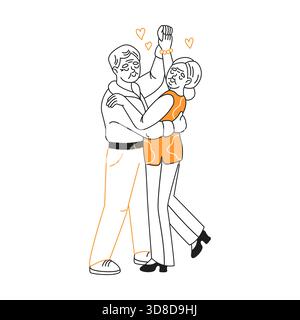 Illustrazione di una coppia di anziani felici che ballano con affetto. Si abbracciano con sorrisi e braccia alzate, simboleggiando l'amore e la gioia della vita. Illustrazione Vettoriale