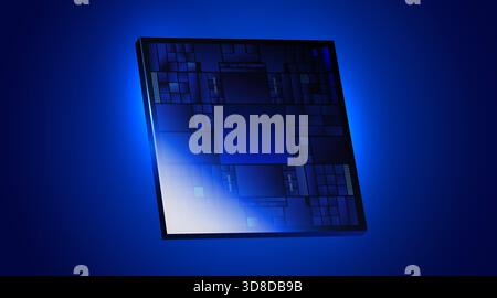 Processore microchip futuristico su sfondo blu brillante, simbolo dell'innovazione digitale e della tecnologia avanzata. Illustrazione vettoriale Illustrazione Vettoriale