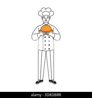 Disegno in linea di uno chef sorridente in uniforme e cappello con un piatto coperto. Lo chef trasuda professionalità ed esperienza culinaria. Design minimalista Illustrazione Vettoriale
