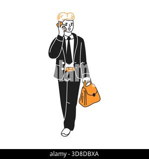 Illustrazione di un uomo d'affari con un abito che cammina e parla al telefono. Possiede una valigetta, trasuda un senso di professionalità e scopo. Illustrazione Vettoriale