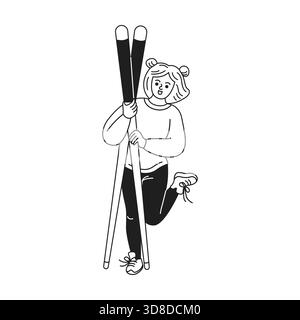 Illustrazione di una persona allegra in stile cartoni animati che tiene gli sci. Design monocromatico con posa casual che suggerisce l'entusiasmo degli sport invernali e la spensieratezza Illustrazione Vettoriale