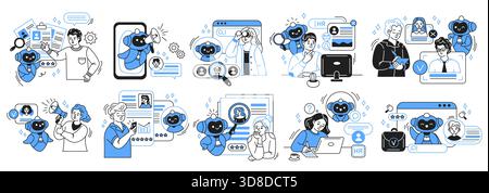Illustrazioni vettoriali di robot ai che assistono le persone nei processi di reclutamento. Le scene raffigurano l'abbinamento dei lavori e le attività HR in un ambiente digitale moderno Illustrazione Vettoriale