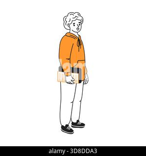Illustrazione di un giovane studente sorridente con una felpa con cappuccio arancione, che tiene libri e indossa scarpe da ginnastica e pantaloni casual, in piedi con sicurezza. Illustrazione Vettoriale