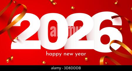 Capodanno 2026 sfondo festoso con nastri dorati e coriandoli su un vivace sfondo rosso. Illustrazione vettoriale. Illustrazione Vettoriale