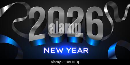 Elegante design per il Capodanno 2026 con numeri metallici e dettagli blu brillante, perfetto per festeggiamenti e biglietti d'auguri. Illustrazione vettoriale Illustrazione Vettoriale