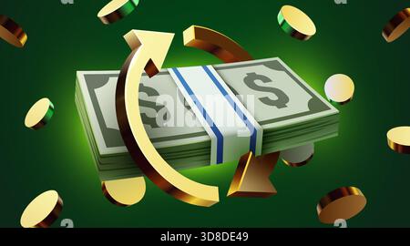 Concetto di trasferimento di denaro e cambio con banconote in dollari e freccia dorata, simbolo dell'operazione finanziaria. Illustrazione vettoriale. Illustrazione Vettoriale