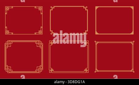 Cornici tradizionali coreane, bordi delle linee con ornamenti degli angoli a nodo. Illustrazione vettoriale Illustrazione Vettoriale