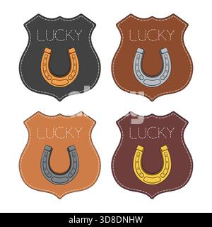 Serie di illustrazioni a colori con emblema a ferro di cavallo e l'iscrizione "Lucky". Oggetti vettoriali isolati su sfondo bianco. Illustrazione Vettoriale