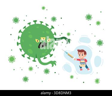 Bambino vaccinato con siringa come spada che combatte il mostro virus. Concetto di potere vaccinale. Vaccinazione dei bambini. Design piatto. La vaccinazione protegge dai virus. Illustrazione Vettoriale