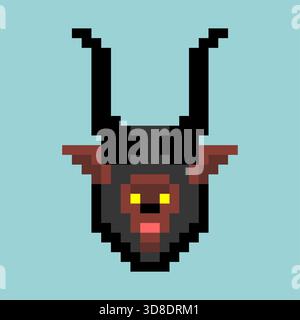 Krampus affronta il ritratto a 8 bit di un demone cornuto. Un'icona horror retrò su sfondo blu. Illustrazione Vettoriale
