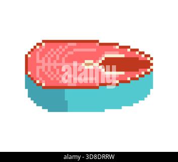 bistecca di pesce pixel art (salmone o tonno) per cucinare. Icona retrò del cibo sano in stile 8 bit. Isolato su bianco. Illustrazione Vettoriale