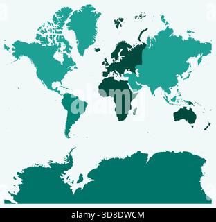 Mappa del mondo con i continenti. Solo una semplice mappa dei confini con la divisione del continente. Tavolozza dei colori ottanio. Forma Flat World con divisione amministrativa. Illustrazione Vettoriale