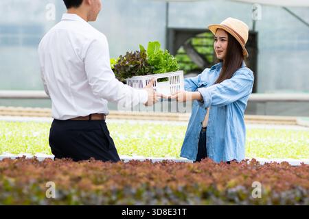 Donna asiatica e uomo contadino che lavorano insieme in un'azienda agricola biologica di verdure con insalata idroponica Foto Stock