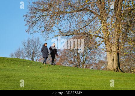 Londra, Regno Unito. 30 novembre 2025. Gli escursionisti si godono il bel sole di Primerose Hill a Londra. Crediti: Imageplotter/Alamy Live News Foto Stock