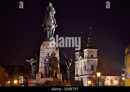 CRACOVIA, Polonia, Grunwald Monument, Statua del re Władysław Jagiełło per commemorare la battaglia di Grunwald nel 1410 Foto Stock