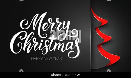 Elegante calligrafia di buon Natale e felice anno nuovo con un moderno albero di Natale su sfondo scuro. Illustrazione vettoriale Illustrazione Vettoriale