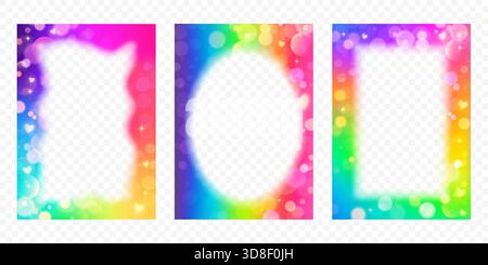 Cornice sfumata con bordi sfocati. Disegni astratti vettoriali arcobaleno. Graziosi modelli al neon brillanti. Moderni sfondi rettangolari femminili per striscioni Illustrazione Vettoriale