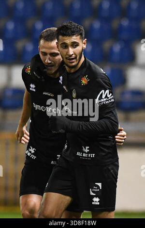 Geel, Belgio. 30 novembre 2025. Mohamed Medfai dell'Olympic festeggia dopo aver segnato durante una partita di calcio tra Jong Genk e il Royal Olympic Charleroi, domenica 30 novembre 2025 a Geel, il giorno 15 del 2025-2026 'Challenger Pro League' 1B seconda divisione del campionato belga. BELGA FOTO JILL DELSAUX credito: Belga News Agency/Alamy Live News Foto Stock