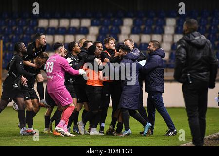 Geel, Belgio. 30 novembre 2025. Mohamed Medfai dell'Olympic festeggia dopo aver segnato durante una partita di calcio tra Jong Genk e il Royal Olympic Charleroi, domenica 30 novembre 2025 a Geel, il giorno 15 del 2025-2026 'Challenger Pro League' 1B seconda divisione del campionato belga. BELGA FOTO JILL DELSAUX credito: Belga News Agency/Alamy Live News Foto Stock
