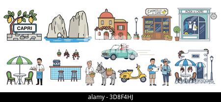 Capri Italy Travel Vector Collection. Icone della vita dell'isola, dell'architettura, del limoncello, della moda e della cultura mediterranea Illustrazione Vettoriale