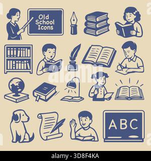 Icone dell'educazione in stile retrò con elementi che leggono, scrivono, studiano ed educano i bambini. Illustrazione monocromatica vintage adatta all'apprendimento, Illustrazione Vettoriale