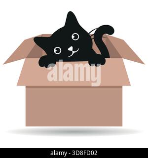 Illustrazione di un gatto nero carino in una scatola di cartone su sfondo bianco Illustrazione Vettoriale