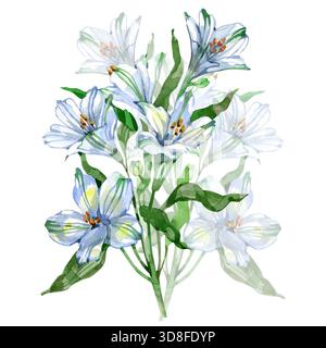 Elegante bouquet di acquerelli di alstroemeria bianca e azzurra con foglie verdi fresche. I petali morbidi e le delicate tonalità creano un raffinato effetto botanico Foto Stock