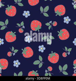 Motivo vettoriale senza cuciture di fragole e fiori con foglie e frutti di bosco Illustrazione Vettoriale