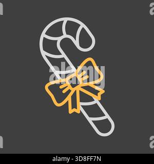 Canna di caramelle alla menta piperita natalizia con un'icona a strisce vettoriali su sfondo scuro. Insegna invernale. Simbolo grafico per la progettazione di siti web e app per eventi e vacanze, Illustrazione Vettoriale
