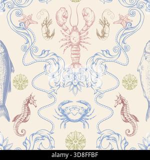 Pesce vettore marino modello senza cuciture con granchi polpo conchiglie di cavalluccio marino stelle marine e gamberi Illustrazione Vettoriale