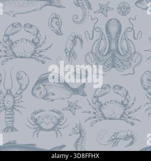 Pesce vettore marino modello senza cuciture con granchi polpo conchiglie di cavalluccio marino stelle marine e gamberi Illustrazione Vettoriale