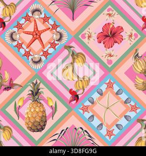 Frutti tropicali estivi e conchiglie in un colorato design vettoriale geometrico squadrato Illustrazione Vettoriale