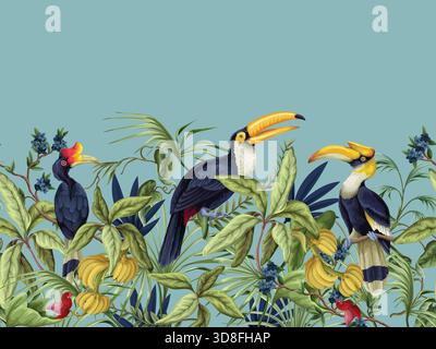 Contorno vettoriale degli uccelli tropicali con carpini esotici fogliame tropicale illustrazione decorativa della giungla botanica Illustrazione Vettoriale