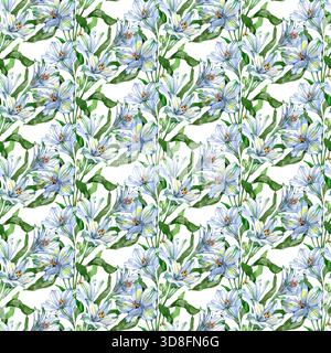 Motivo ad acquerello senza cuciture con eleganti fiori di alstroemeria bianchi e blu e foglie verdi fresche. Un delicato design botanico, perfetto per i tessuti Foto Stock