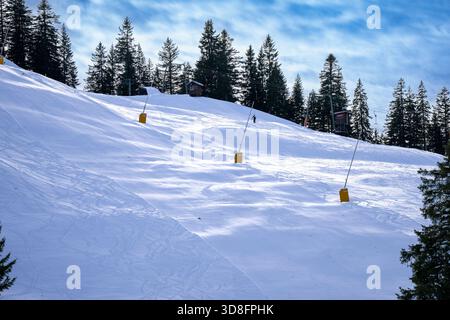 Un'ampia pista da sci innevata su una montagna, che mostra piste da sci limpide, foresta sul crinale e parte di uno skilift. Raffigura sport invernali, attività ricreative e Foto Stock