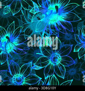 Sfondo senza cuciture con fiori al neon blu. Disegnato a mano. Non ai, illustrazione vettoriale Illustrazione Vettoriale
