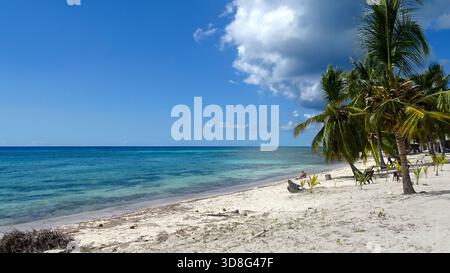 Una tranquilla spiaggia tropicale con sabbia soffice, palme ondeggianti e dolci onde turchesi in una soleggiata giornata caraibica. Foto Stock