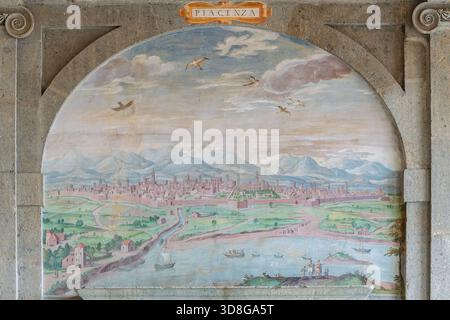 Italia - Caprarola - Palazzo Farnese - affresco interno in una lunetta raffigurante la città di Piacenza Foto Stock