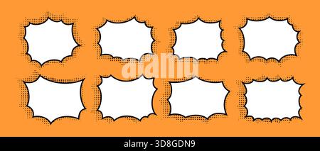 Serie di bolle vuote con sfondo a mezzitoni in stile manga. Riquadri di dialogo Cartoon. Casella di testo vuota, fumetto di messaggi, enfasi o effetti di esplosione per anime. Illustrazione vettoriale. Illustrazione Vettoriale