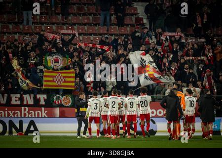 Girona, Spagna. 30 novembre 2025. I giocatori del Girona FC sono visti durante una partita della Liga EA Sports tra il Girona FC e il Real Madrid all'Estadi Municipal de Montilivi di Girona, in Spagna, il 30 2025 novembre. Foto di Felipe Mondino/Sipa USA credito: SIPA USA/Alamy Live News Foto Stock