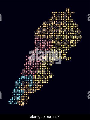 Libano, forma del paese costruito di celle colorate. Mappa digitale del Libano su sfondo scuro. Blocchi quadrati arrotondati di piccole dimensioni. Illustrazione Vettoriale