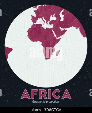Africa. Mappa del mondo. Proiezione gnomonica incentrata sull'Africa. Pallido Mint Dark Pink (Rosa scuro). Texture vintage. Illustrazione vettoriale moderna. Illustrazione Vettoriale