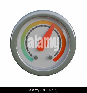Un'illustrazione 3D di alta qualità di un manometro con un telaio esterno in argento lucido e un audace puntatore rosso. Foto Stock