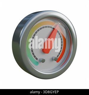 Un'illustrazione 3D di alta qualità di un manometro con un telaio esterno in argento lucido e un audace puntatore rosso. Foto Stock