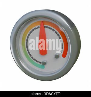 Un'illustrazione 3D di alta qualità di un manometro con un telaio esterno in argento lucido e un audace puntatore rosso. Foto Stock