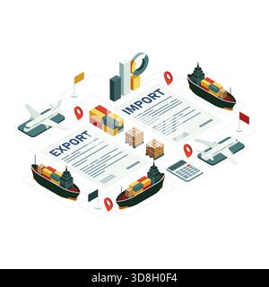 Logistica e documentazione Isometric Global Import Export. Concetto di esportazione importazione globale Illustrazione Vettoriale