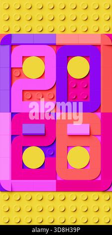 Illustrazione 3D con "felice anno nuovo 2026" come modello di sfondo. Il design include un rendering volumetrico 3D festivo del numero '2026 Foto Stock