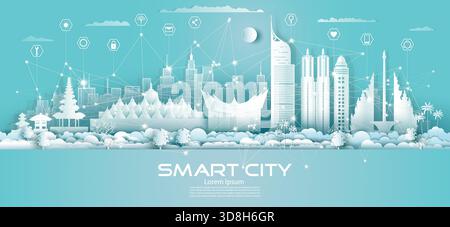 Tecnologia comunicazione di rete wireless città intelligente con icona nel grattacielo del centro dell'Indonesia su sfondo blu, illustrazione vettoriale futuristica Illustrazione Vettoriale