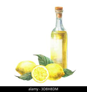 Bottiglia di limoncello con limoni freschi, foglie verdi e fette di limone rotonde. Dipinto a mano in acquerello. Illustrazione del menu estivo delle bevande, a tema Foto Stock